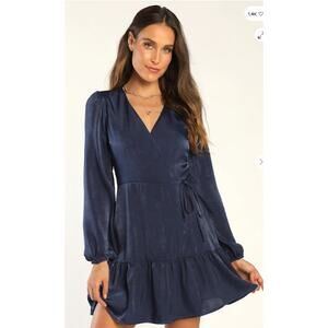Lulus So Splendid Navy Blue Satin Long Sleeve Wrap Dress XS‎